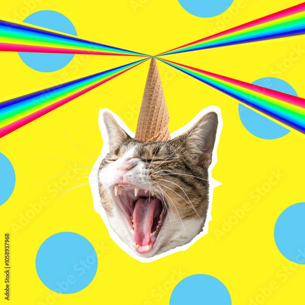 Fototapeta Cat head with rainbow, collage pop art concept design. Minimal summer background.