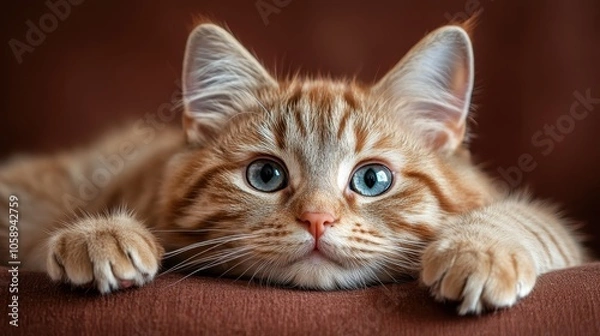 Fototapeta A charming ginger kitten laying down, with a curious look and soft fur, exudes innocence and warmth, making for an engaging and heartwarming picture.