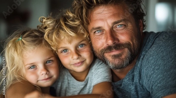 Fototapeta A warm and loving scene featuring a father with his two children, smiling together with a close, intimate embrace. Perfectly captures family unity and love.