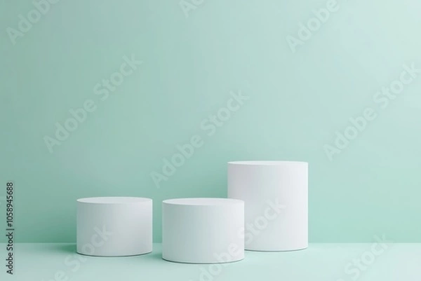 Obraz Minimalistic composition of white cylinders on a soft mint background, perfect for branding or product display.