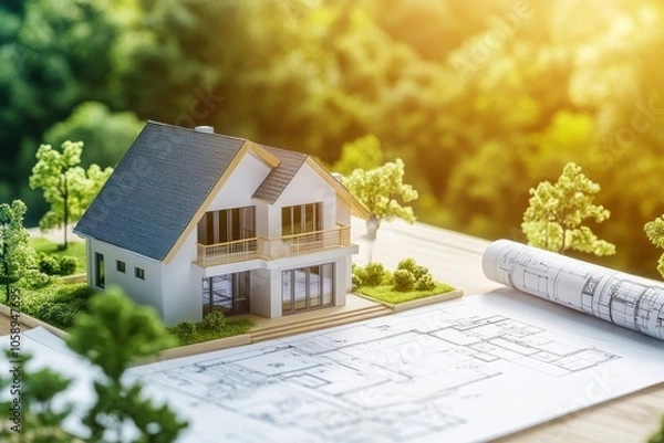 Fototapeta Grasping the steps involved in permit requests for home construction, showcasing a house layout and design plans on a surface, signifying endorsement and strategy for residential development