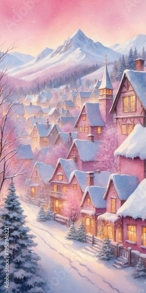 Obraz Poetic Snowy Village in Pink Watercolor with Sloped Roofs and Sunset Sky – Calm and Cozy Winter Scene