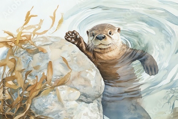 Obraz A playful otter slides down a smooth rock into a shimmering lagoon