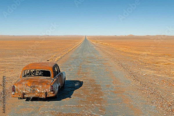 Fototapeta Rusty and dilapidated car on a poorly maintained road in a desert area