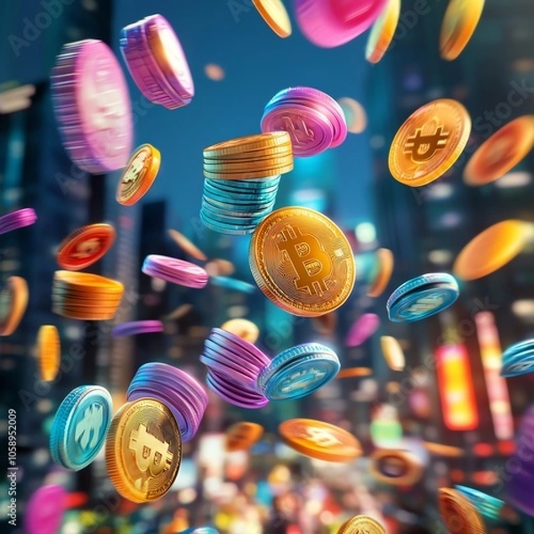 Fototapeta Colorful Bitcoin coins falling against a city backdrop, representing the rise and future of cryptocurrency.
