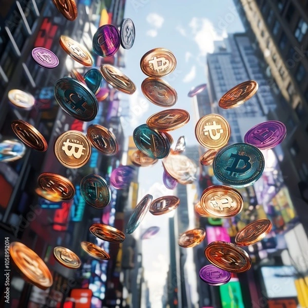 Fototapeta Bitcoin coins falling through the air in a city setting, representing cryptocurrency and finance.