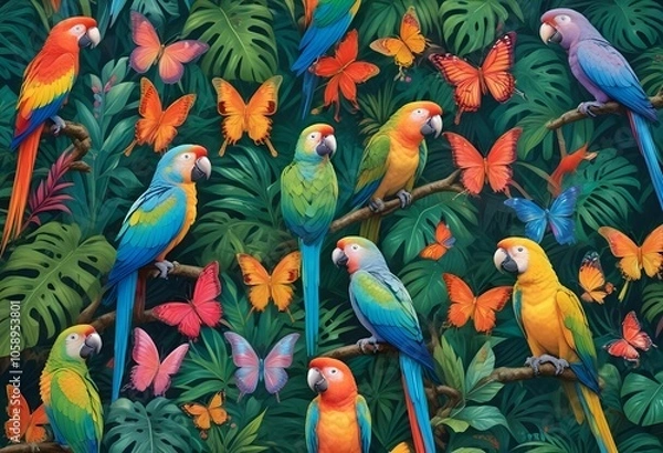 Obraz Tropical exotic pattern with animal and flowers in bright colors and lush vegetationn