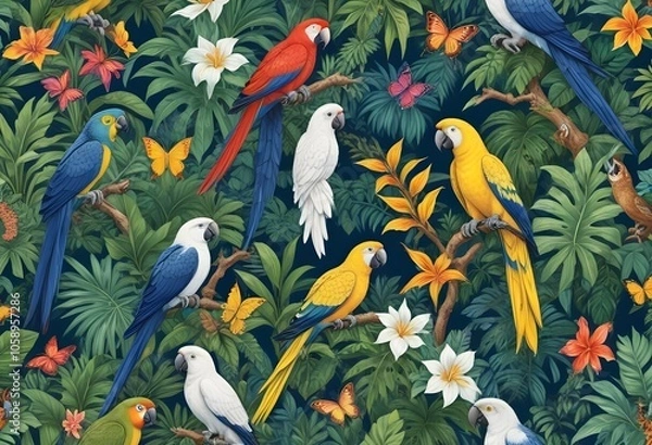 Fototapeta Tropical exotic pattern with animal and flowers in bright colors and lush vegetationn