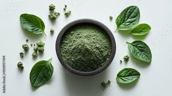 Fototapeta Green Powder in a Bowl Surrounded by Spinach Leaves