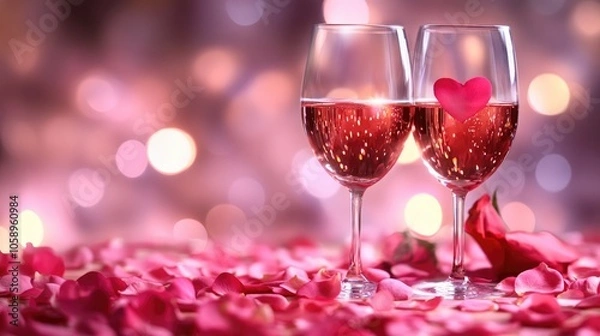 Fototapeta Romantic theme featuring two wine glasses adorned with pink rose petals set against a bokeh backdrop perfect for a Valentine s Day celebration