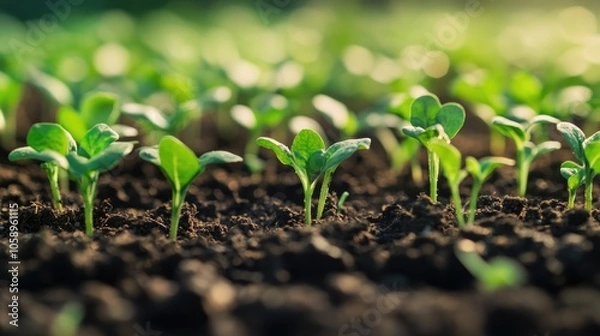 Fototapeta Close up of young green seedlings emerging from the soil representing agricultural growth and the essence of spring