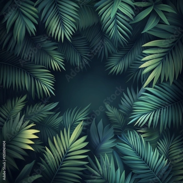 Fototapeta Lush green palm leaves creating a dense tropical background in natural light