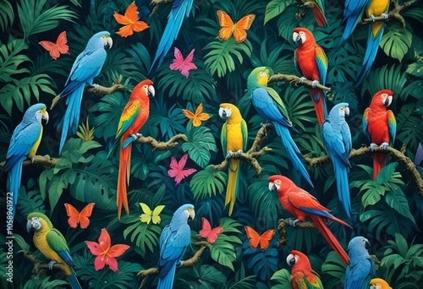 Fototapeta Tropical exotic pattern with animal and flowers in bright colors and lush vegetationn
