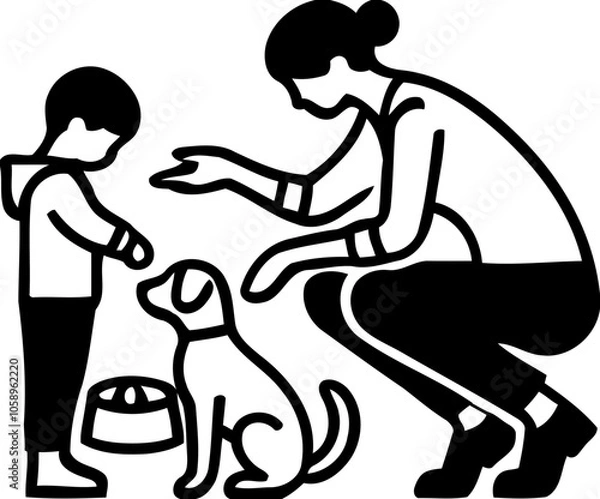 Fototapeta Silhouette of adult teaching child to feed dog, pet care and family bonding icon, animal care illustration
