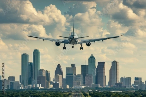 Fototapeta Airplane Landing Over Houston Skyline