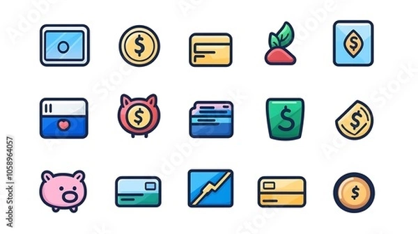 Fototapeta Finance and money icons with clean lines, including coins, piggy bank, and credit cards