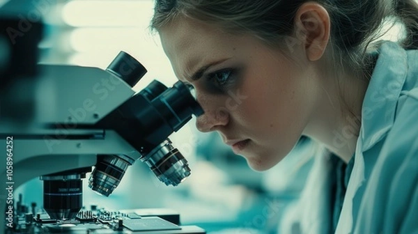 Obraz Technician assembling microchips under microscope, focused and determined