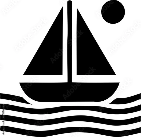 Fototapeta Silhouette of sailboat on waves with sun, nautical and travel icon, boating and seaside illustration
