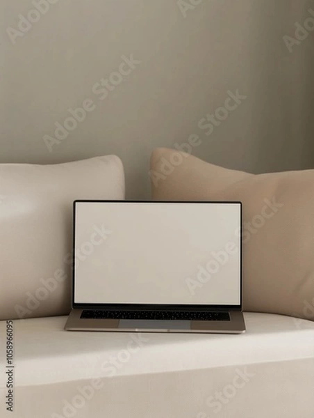 Fototapeta A close-up shot of an open laptop with its screen facing the camera, placed on top of a plush beige sofa in a minimalist living room.