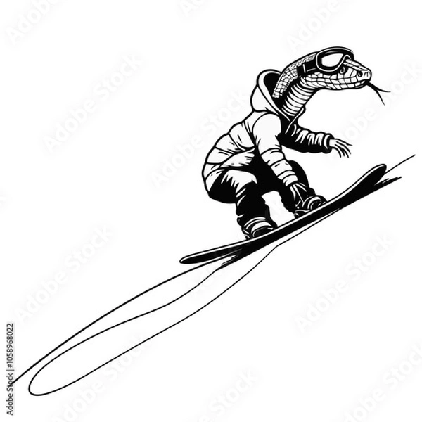 Obraz Minimalist snake silhouette snowboarding down a mountain for New Year 2025.