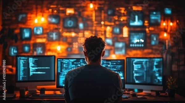 Fototapeta Programmer Working Late at Night on a Complex Project