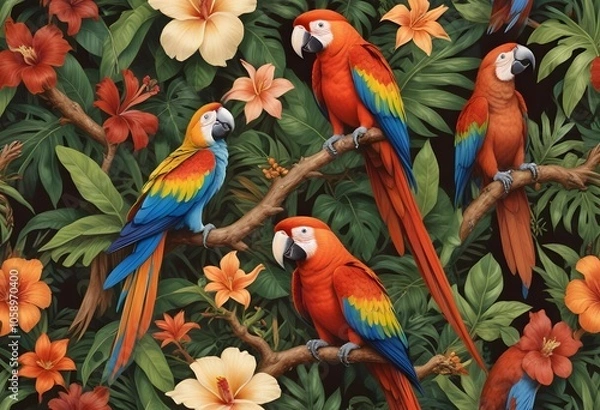 Fototapeta Tropical exotic pattern with animal and flowers in bright colors and lush vegetationn