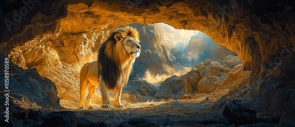 Fototapeta A majestic lion stands in a cave, illuminated by warm light, showcasing its regal presence.