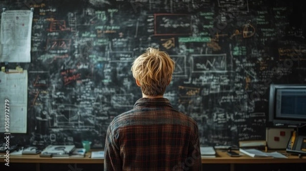 Fototapeta Young Man Studying In Front of a Chalkboard Filled with Notes