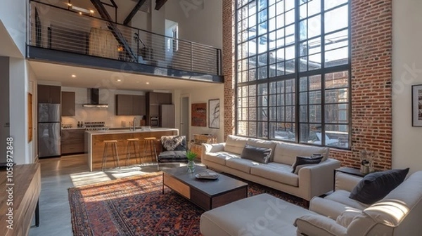 Fototapeta Bright and airy loft living room with industrial charm featuring brick walls and large windows in a stylish urban space