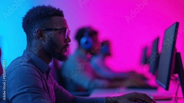 Fototapeta Focused Innovative Team Working in Tech Startup Environment
