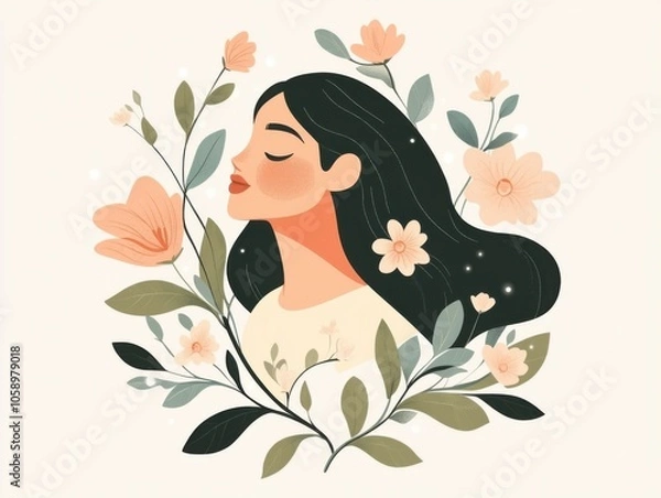 Obraz Nature-inspired portrait of a woman with flowers and leaves in minimalist art style