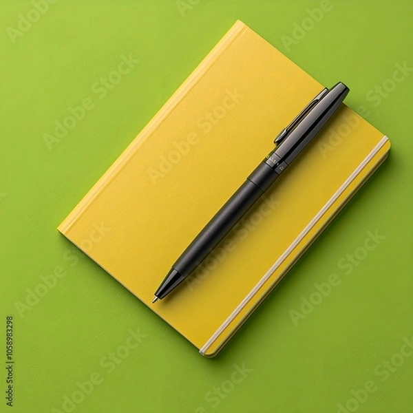 Fototapeta Black pen resting on a vibrant yellow notebook
