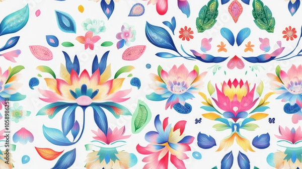 Fototapeta Seamless tileable symmetrical patterns with lush stylized lotus flowers