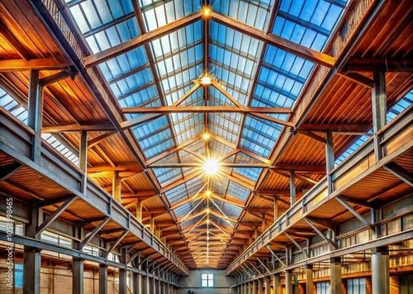 Fototapeta Industrial Skylights: Empty Warehouse with High Ceiling and Large Barn Floor