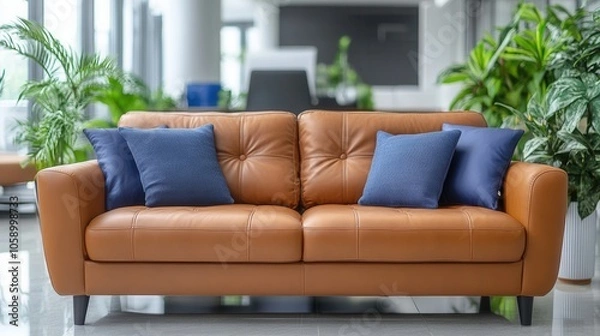 Fototapeta A chic leather sofa in a warm tan color is adorned with four blue cushions, positioned in a contemporary office space surrounded by lush greenery, creating an inviting and comfortable atmosphere.