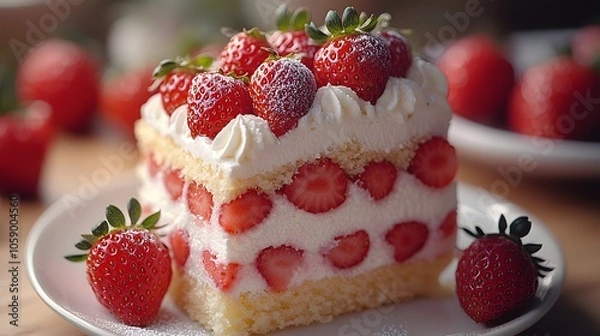 Fototapeta Delicious strawberry shortcake with fresh cream and juicy berries on a plate