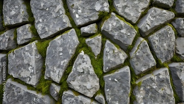 Fototapeta Authentic Weathered Grey Stone Wall Texture with Moss Details for Urban Design