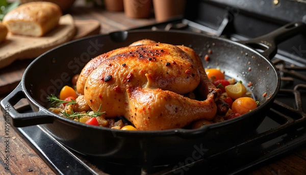 Fototapeta Roasted chicken in a skillet with vegetables and herbs on a rustic kitchen countertop
