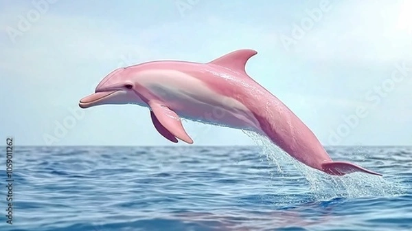 Fototapeta A vibrant pink dolphin leaps joyfully from the blue ocean, showcasing its graceful movements in a sunny marine environment.
