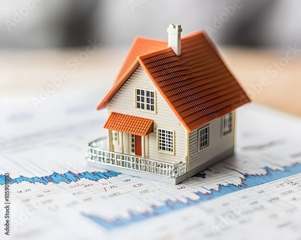 Fototapeta Miniature House Placed on Fluctuating Graph Symbolizing Real Estate Investment Opportunities