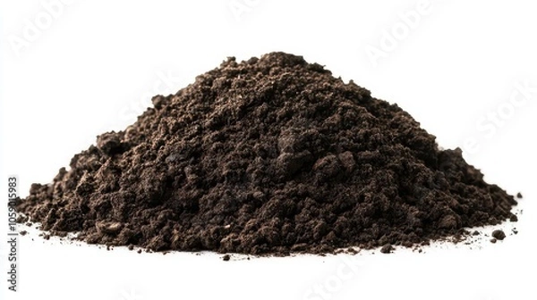 Fototapeta scattered pile of rich dark soil isolated against a clean white background, symbolizing the foundation of nature and the importance of earth in our ecosystem