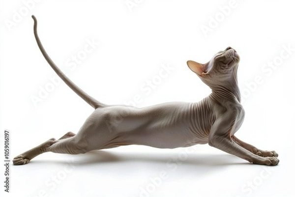 Fototapeta Sphynx cat stretching on white background, isolate,