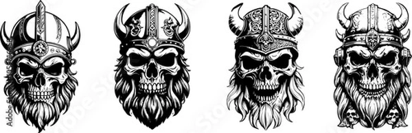 Obraz Viking warrior skull with helmet and beard. Grunge tattoo stencil. Vector set