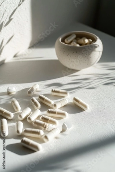 Fototapeta A bowl filled with multiple white pills, suggesting a daily dose of supplements or medicine, arranged on a table under natural light.