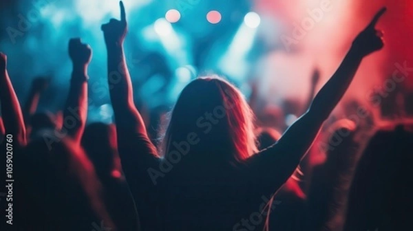 Fototapeta silhouetted crowd enthusiastically cheering at a vibrant music concert, colorful lights illuminating the scene, capturing the energy and excitement of live performances
