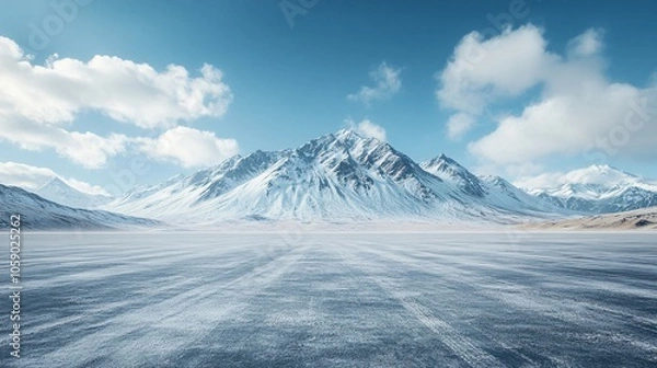 Fototapeta Snowy Mountain Landscape Featuring High Peaks, Platform, Road, and Parking Area on Brick Surface for Automotive Advertisement with Blank Background