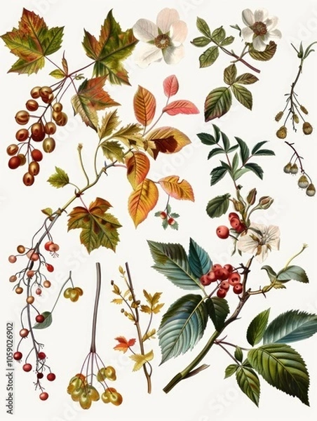 Fototapeta A variety of fall leaves and berries in a botanical illustration style.