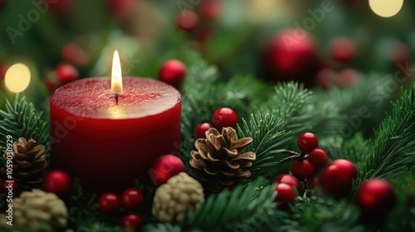 Fototapeta A glowing red candle surrounded by festive greenery and ornaments creates a warm holiday atmosphere filled with joy