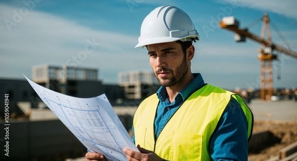 Fototapeta Caucasian engineer with blueprint focused look high visibility vest and helmet construction site background early thirties male