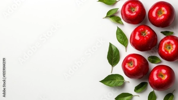 Fototapeta Red Apples and Green Leaves on White Background   Fresh Fruit Food Photography